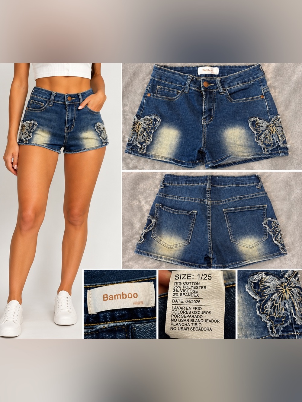 BAMBOO Dark Blue Washed Denim Shorts Floral Embroidery size 1 butterfly wash